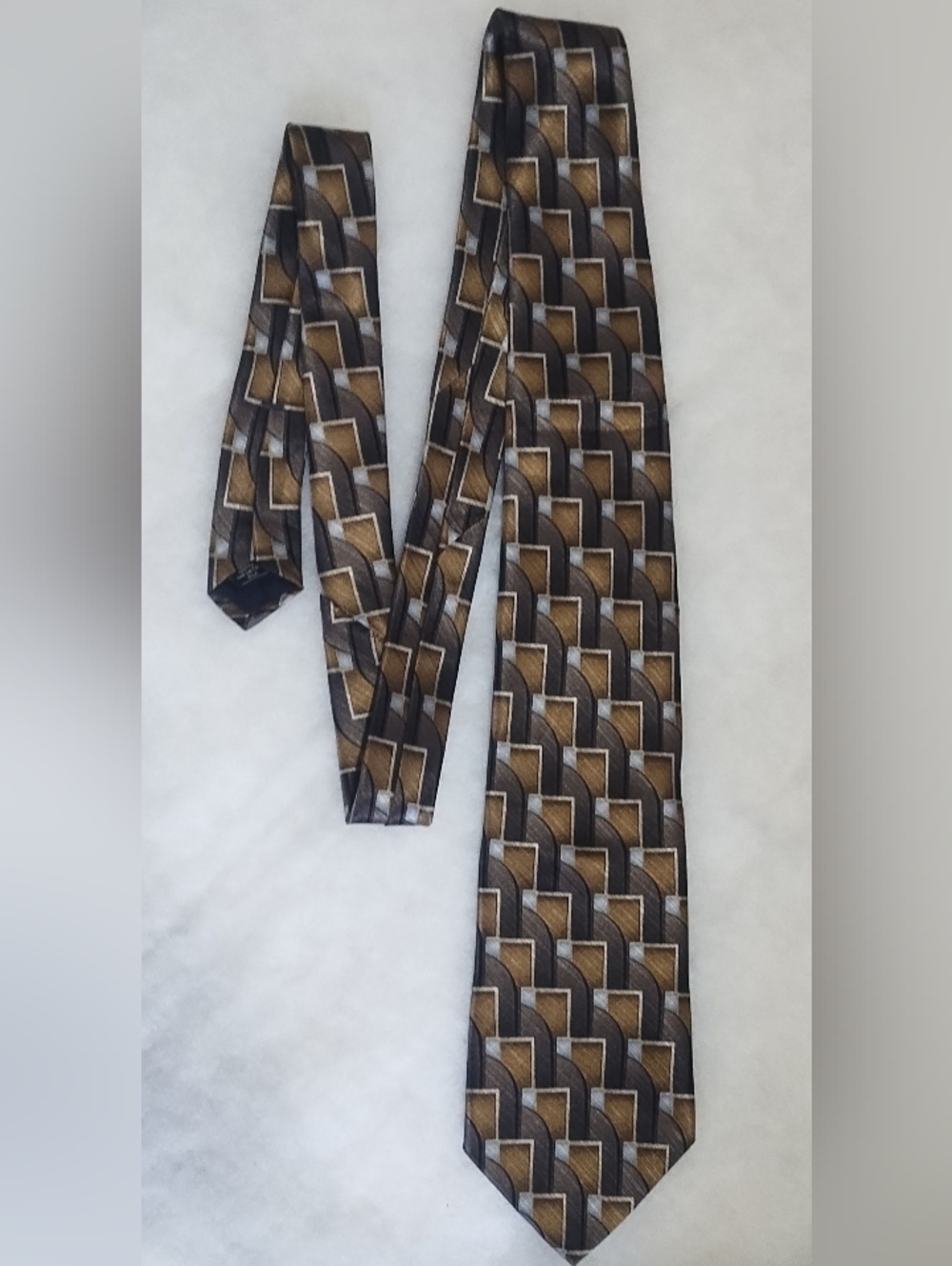 Men's Stafford 100 Percent Silk.  Geometric Brown & Black Pattern Tie